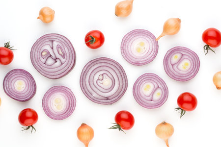Onion and spices isolated on white background, top view. Flat lay.の写真素材
