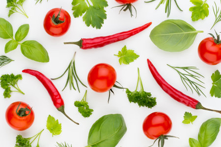 Onion and spices isolated on white background, top view. Flat lay.の写真素材
