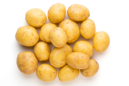 Bio potato and rosemarin isolated on white background close up.の写真素材
