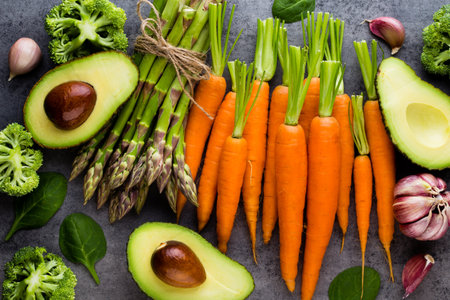 Banches of fresh green asparagus,  and vegetables on wooden background, top viewの写真素材