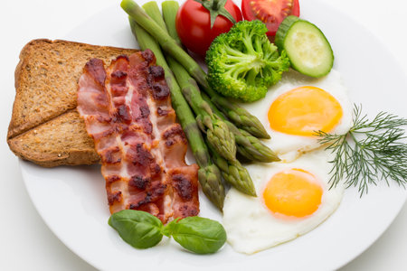 Two fried eggs and bacon for healthy breakfast . selective focusの写真素材