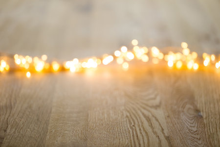 Christmas greeting card. Festive decoration on bokeh background. New Year concept. Copy space.  Flat lay. Top view.の写真素材