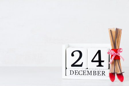 Christmas greeting card. Festive decoration on gray background. New Year concept. Copy space.  Flat lay. Top view.の写真素材