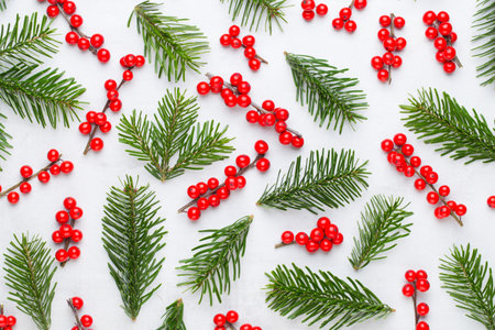 Christmas composition. Gifts, cones decorations on white background. Christmas, winter, new year concept. Flat lay, top view, copy space.  Flat lay. Top view.の写真素材