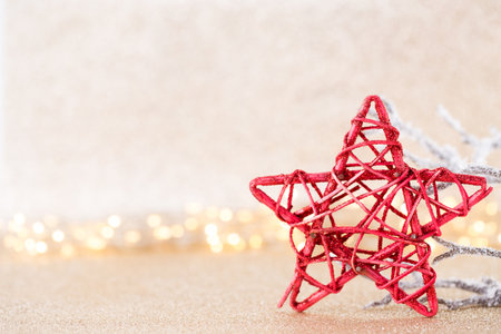 Christmas greeting card. Festive decoration on bokeh background. New Year concept. Copy space.  Flat lay. Top view.の写真素材