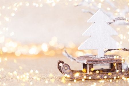 Christmas greeting card. Festive decoration on bokeh background. New Year concept. Copy space.  Flat lay. Top view.の写真素材