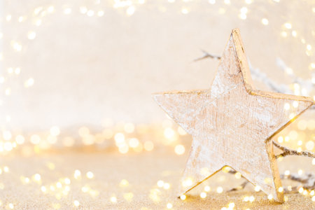 Christmas greeting card. Festive decoration on bokeh background. New Year concept. Copy space.  Flat lay. Top view.の写真素材