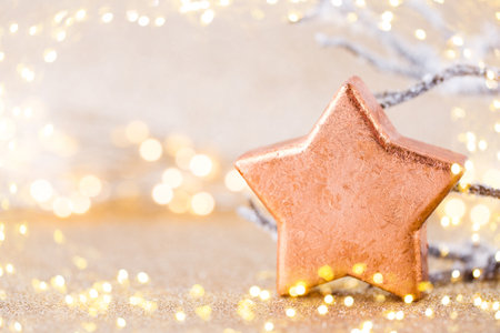 Christmas greeting card. Festive decoration on bokeh background. New Year concept. Copy space.  Flat lay. Top view.の写真素材