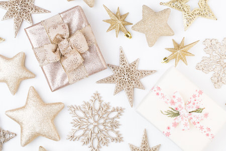 Christmas composition. Stars decorations, on white background. Christmas, winter, new year concept....