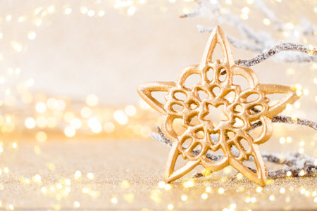 Christmas greeting card. Festive decoration on bokeh background. New Year concept. Copy space.  Flat lay. Top view.の写真素材