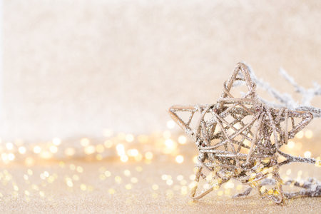 Christmas greeting card. Festive decoration on bokeh background. New Year concept. Copy space.  Flat lay. Top view.の写真素材