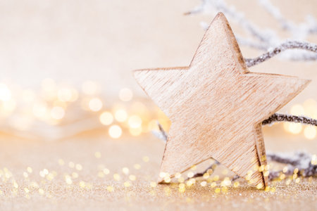 Christmas greeting card. Festive decoration on bokeh background. New Year concept. Copy space.  Flat lay. Top view.の写真素材