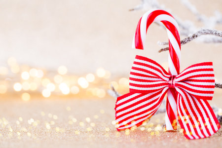 Christmas greeting card. Festive decoration on bokeh background. New Year concept. Copy space.  Flat...