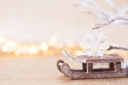 Christmas greeting card. Festive decoration on bokeh background. New Year concept. Copy space.  Flat lay. Top view.の写真素材