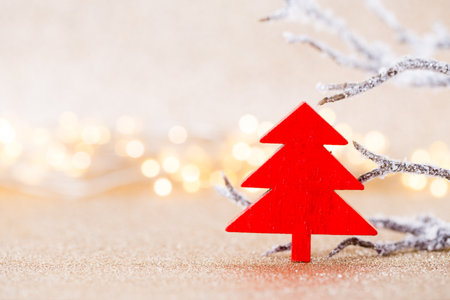 Christmas greeting card. Festive decoration on bokeh background. New Year concept. Copy space.  Flat lay. Top view.の写真素材