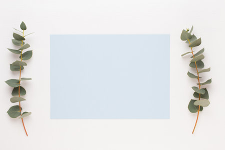 Flowers composition. Paper blank, flowers, eucalyptus branches on pastel  background. Flat lay, top...