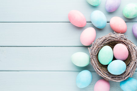 Pastel Easter eggs background. Spring greating card.の写真素材
