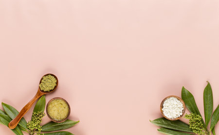 Spa background with a space for a text. Spa wellnes greeting card. aromatherapy theme , handmade cosmeticの写真素材
