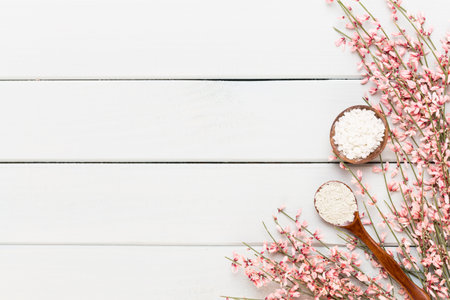 Spa background with a space for a text. Spa wellnes greeting card. aromatherapy theme , handmade cosmetic.の写真素材