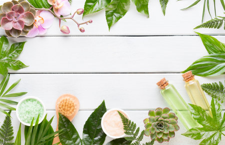Spa cosmetic products concept, spa background with a space for a text, flat lay, view from above.の写真素材