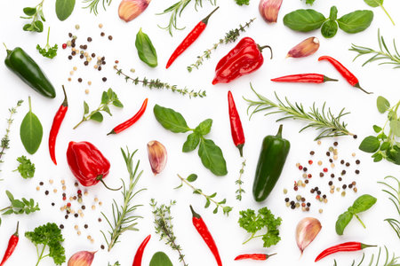 Spice herbal leaves and chili pepper on white background. Vegetables pattern. Floral and vegetables on white background. Top view, flat lay.の写真素材