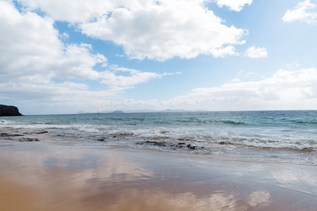 Panorama of beautiful beach and tropical sea of Lanzarote. Canariesの写真素材