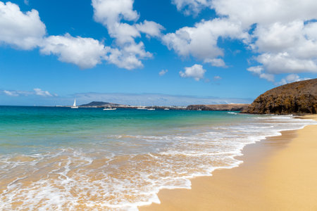 Panorama of beautiful beach and tropical sea of Lanzarote. Canaries