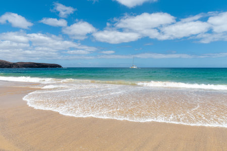 Panorama of beautiful beach and tropical sea of Lanzarote. Canaries