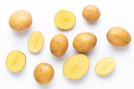 Potatoes isolated on white background. Flat lay. Top view.の写真素材