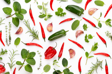 Spice herbal leaves and chili pepper on white background. Vegetables pattern. Floral and vegetables on white background. Top view, flat lay.の写真素材