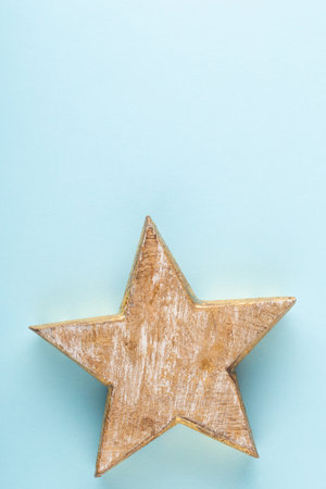 Christmas decoration on blue background. Copy space. Flat lay. Top view.の写真素材
