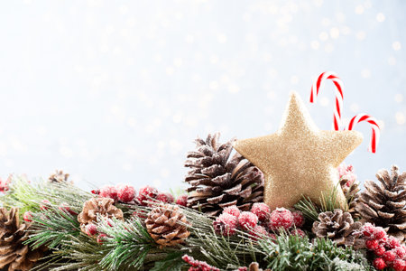 Christmas and New Year holidays bokeh background. Christmas Decoration Banner - Snowy Pine Cones On Fir Branch With Christmas Lights. Christmas bokeh background with snow fir tree. Top view with copy space for your text.の写真素材