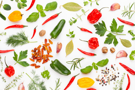 Spice herbal leaves and chili pepper on white background. Vegetables pattern. Floral and vegetables on white background. Top view, flat lay.の写真素材