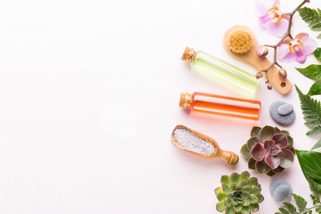 Spa background with a space for a text. Spa wellnes greeting card. aromatherapy theme , handmade bio cosmetic. Flat lay.の写真素材