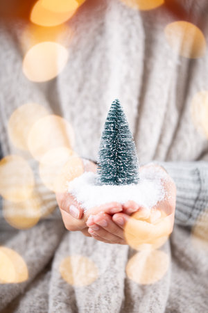 Winter Concept Young Hands Holding christmas decor.  Christmas decoration idea. Christmas decor in the hands of a woman, background with gold bokeh.の写真素材
