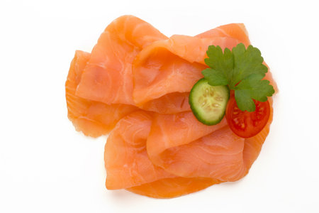 Fresh salmon slice and spice on the white background.の写真素材
