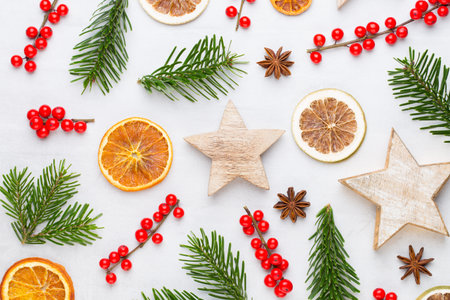 Christmas composition. Gifts, cones decorations on white background. Christmas, winter, new year concept. Flat lay, top view, copy space.  Flat lay. Top view.の写真素材