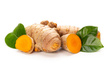 Close up Turmeric, Curcuma longa Linn, rhizome isolated on white background.の写真素材