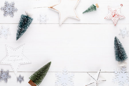 Vintage Christmas background with Christmas decoration. Christmas greeting card. New Year concept. Copy space. Flat lay. Top view.の写真素材