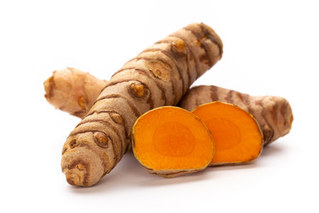 Close up Turmeric, Curcuma longa Linn, rhizome isolated on white background.の写真素材