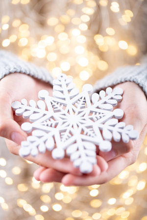 Winter Concept Young Hands Holding christmas decor.  Christmas decoration idea. Christmas decor in the hands of a woman, background with gold bokeh.の写真素材