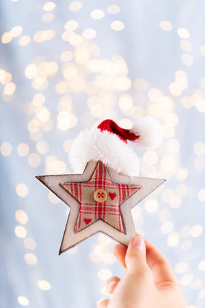 Vintage Christmas background with Christmas decoration. Christmas greeting card. Festive decoration on bokex silver background. New Year concept. Copy space. Flat lay. Top view.の写真素材