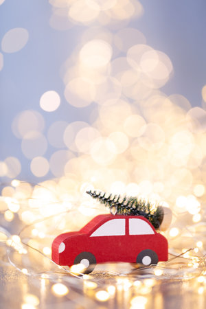 Christmas decor on blue bokeh background.の写真素材