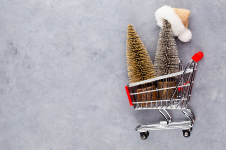 Shopping cart with christmas tree on red table.の写真素材