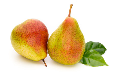 Fresh bio pear with leaves on isolated white background.の写真素材