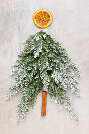 Christmas tree flat lay on the gray background. New Year concept. Copy space.  Flat lay. Top view.の写真素材