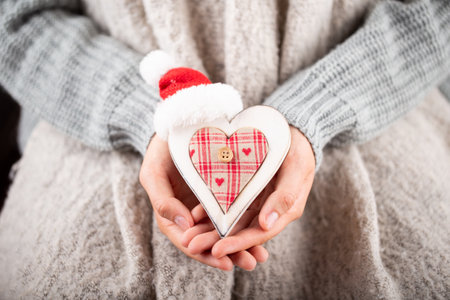 Winter Concept Young Hands Holding christmas decor.  Christmas decoration idea. Christmas decor in the hands of a woman, background with gold bokeh.の写真素材