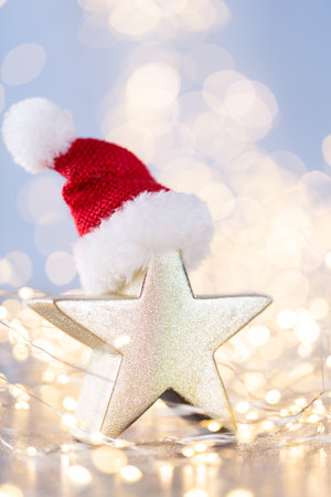 Christmas decor on blue bokeh background.の写真素材