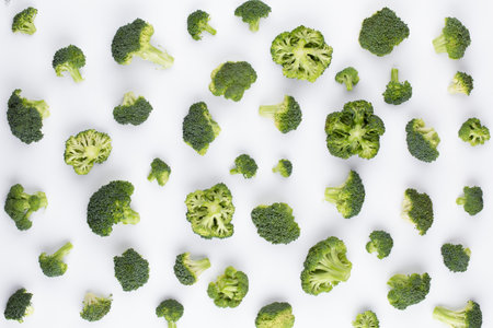 Broccoli pattern isolated on a white background. Various multiple parts of broccoli flower. Top view.の写真素材