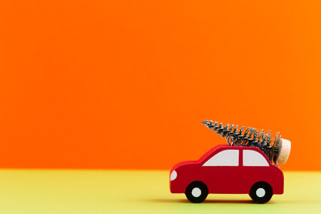Christmas car on pastel color background. Christmas or New Year minimal concept.の写真素材